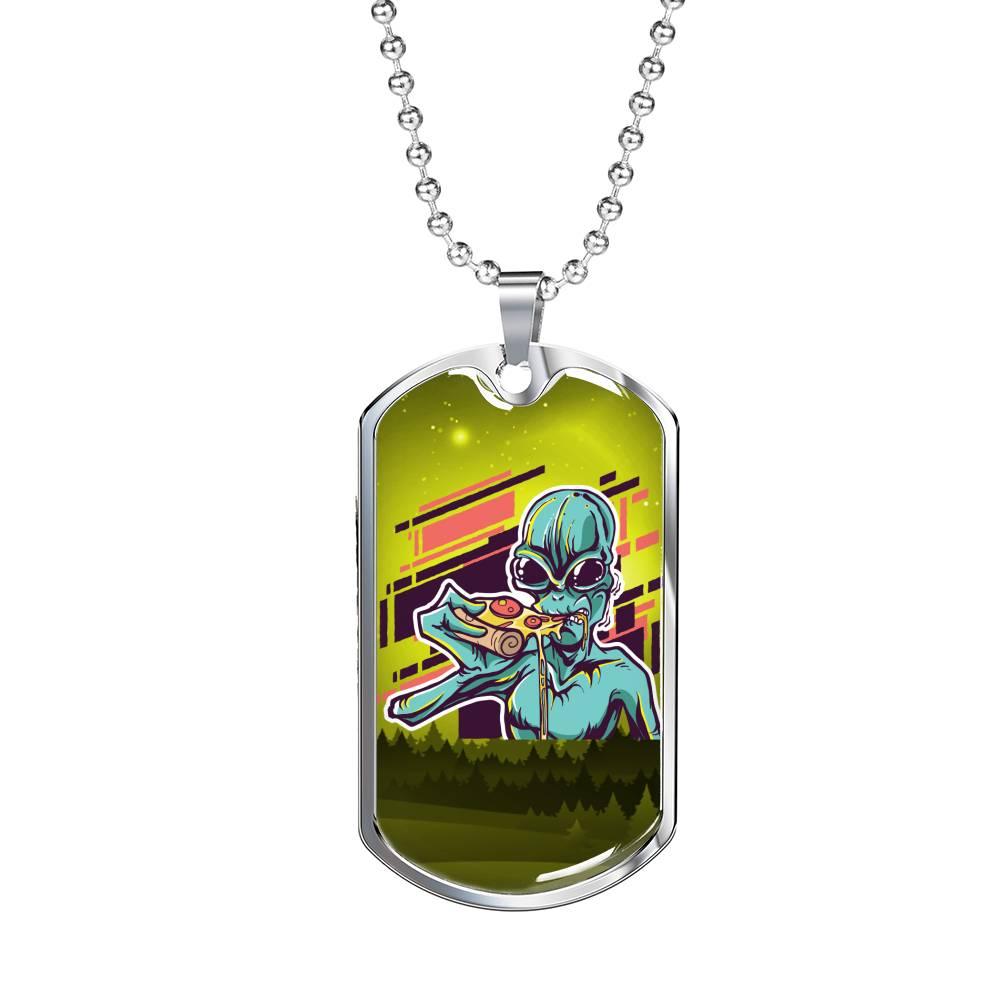 Alien UFO Fan Gift Alien Eating Pizza Necklace Stainless Steel or 18k Gold Dog Tag 24" Chain-Express Your Love Gifts