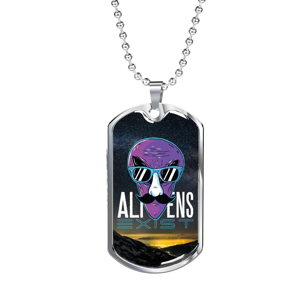 Alien UFO Fan Gift Alien Exist Necklace Stainless Steel or 18k Gold Dog Tag 24" Chain-Express Your Love Gifts