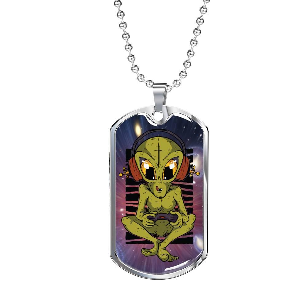 Alien UFO Fan Gift Alien Gamer Necklace Stainless Steel or 18k Gold Dog Tag 24" Chain-Express Your Love Gifts