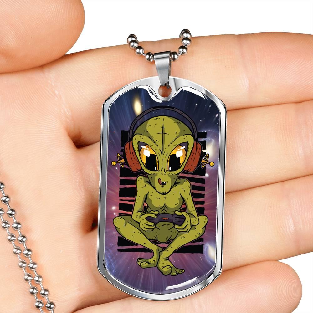 Alien UFO Fan Gift Alien Gamer Necklace Stainless Steel or 18k Gold Dog Tag 24" Chain-Express Your Love Gifts