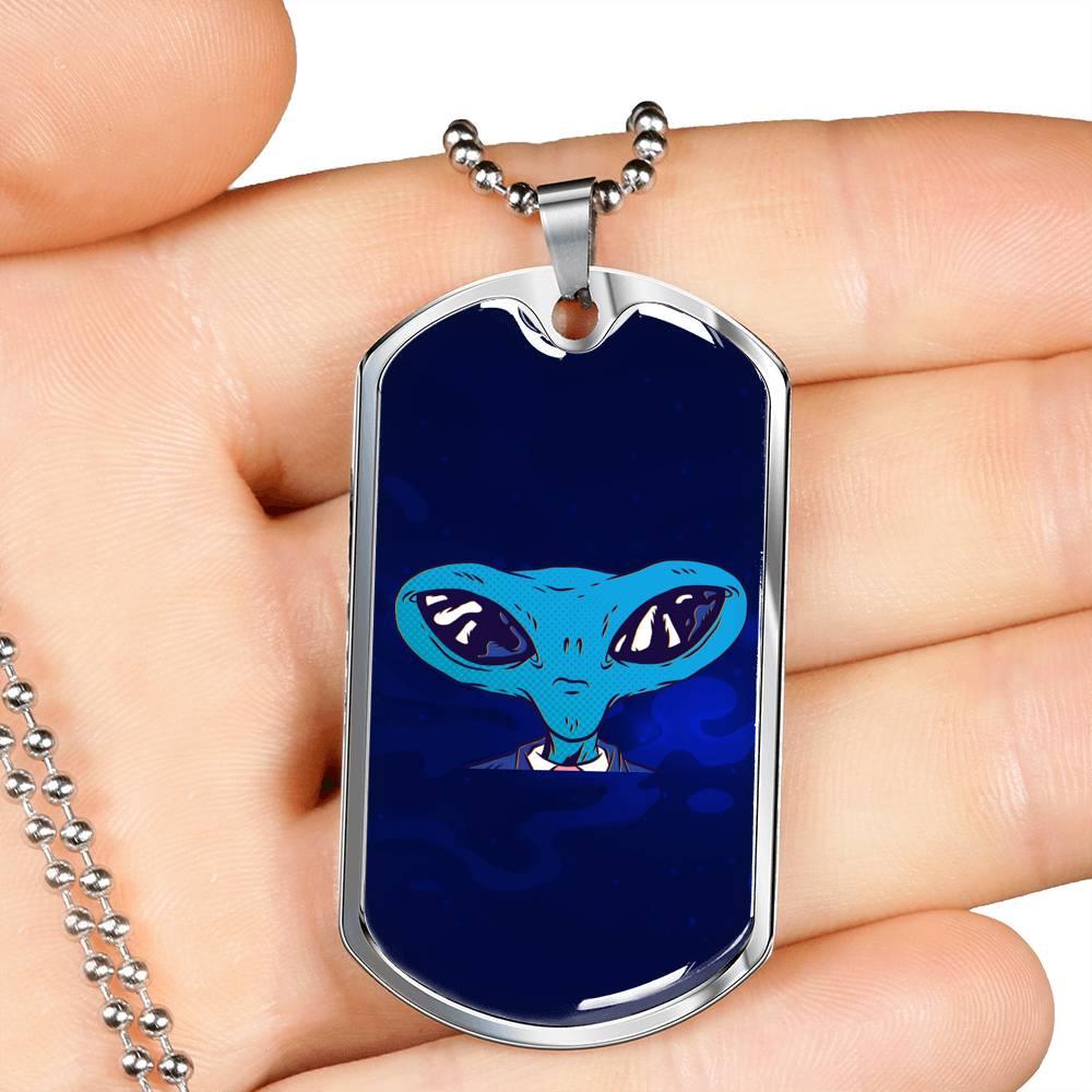 Alien UFO Fan Gift Alien Head Necklace Stainless Steel or 18k Gold Dog Tag 24" Chain-Express Your Love Gifts