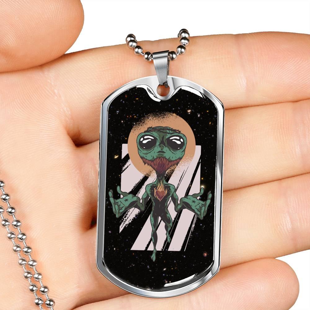 Alien UFO Fan Gift Alien Jesus Necklace Stainless Steel or 18k Gold Dog Tag 24" Chain-Express Your Love Gifts