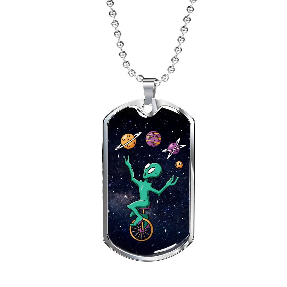 Alien UFO Fan Gift Alien Juggler Necklace Stainless Steel or 18k Gold Dog Tag 24" Chain-Express Your Love Gifts