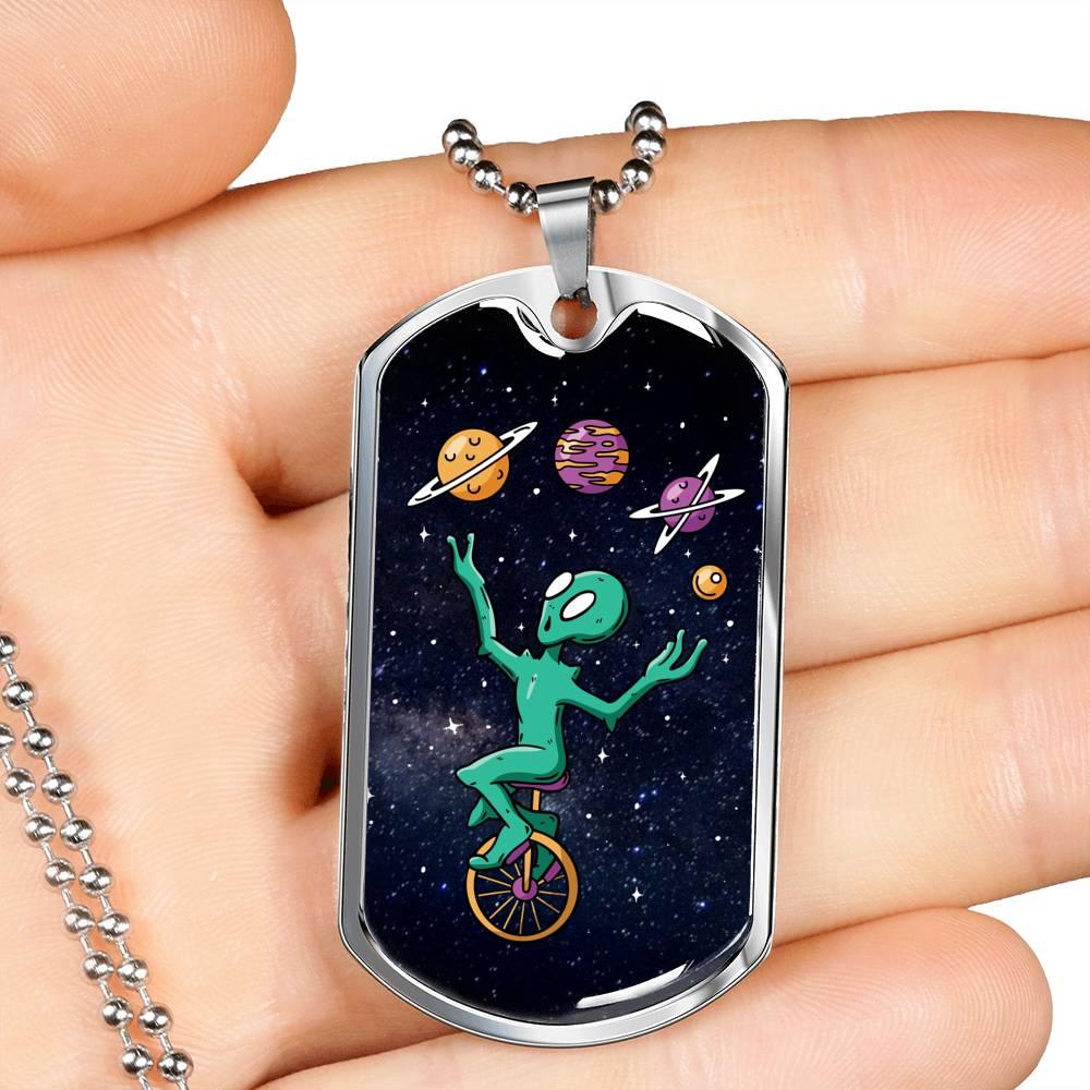Alien UFO Fan Gift Alien Juggler Necklace Stainless Steel or 18k Gold Dog Tag 24" Chain-Express Your Love Gifts
