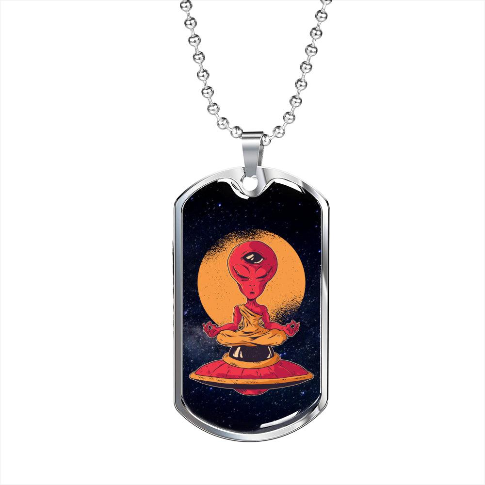 Alien UFO Fan Gift Alien Meditation Necklace Stainless Steel or 18k Gold Dog Tag 24" Chain-Express Your Love Gifts