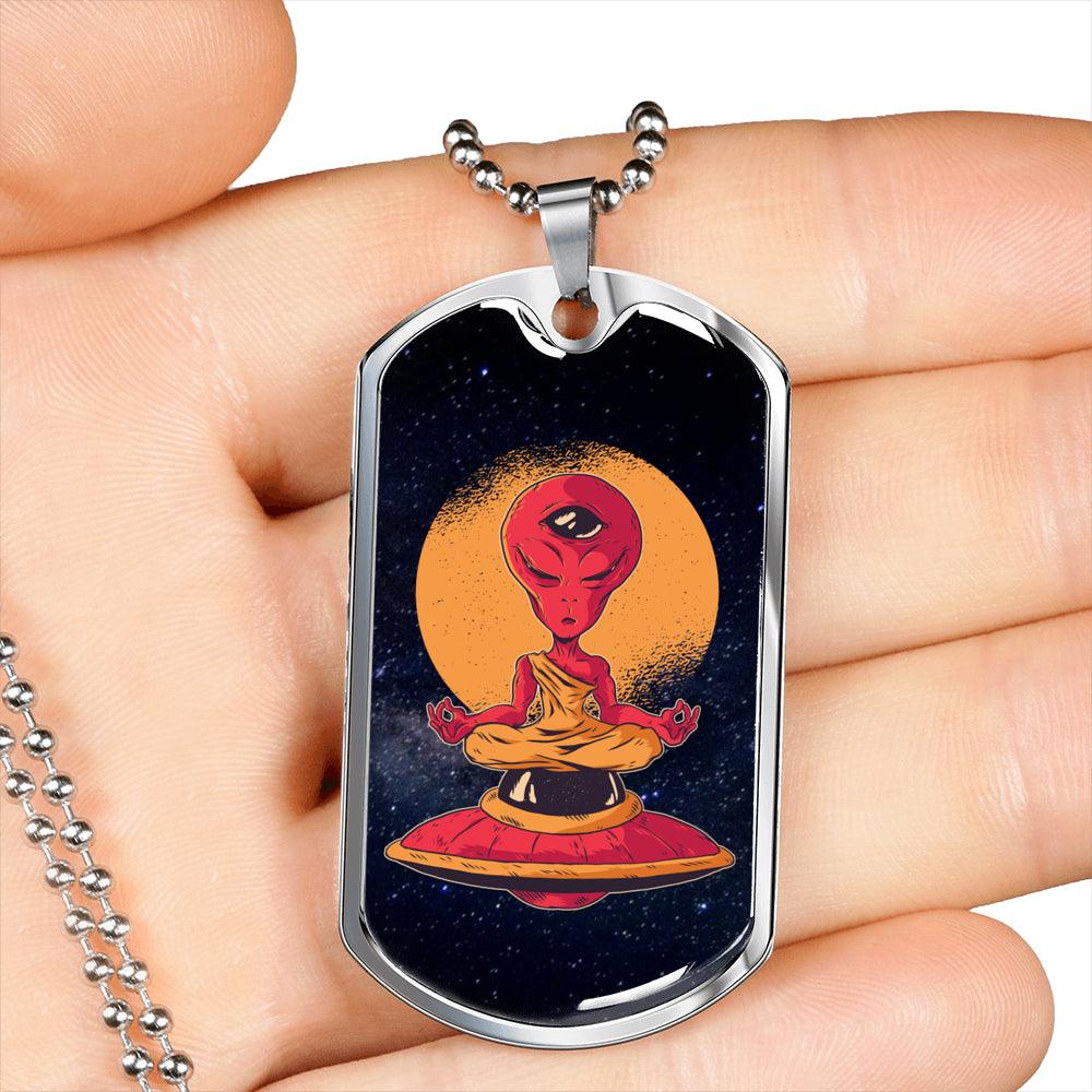 Alien UFO Fan Gift Alien Meditation Necklace Stainless Steel or 18k Gold Dog Tag 24" Chain-Express Your Love Gifts