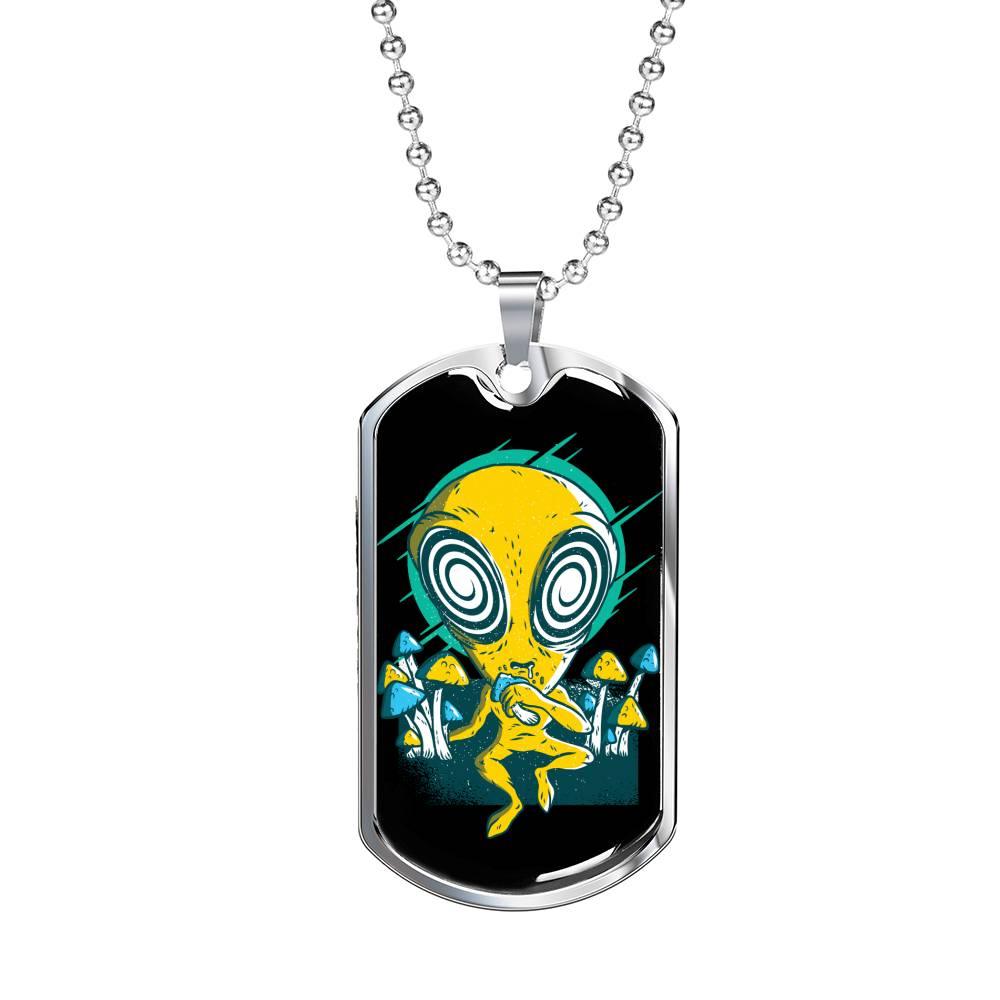 Alien UFO Fan Gift Alien Psychedelic Necklace Stainless Steel or 18k Gold Dog Tag 24" Chain-Express Your Love Gifts