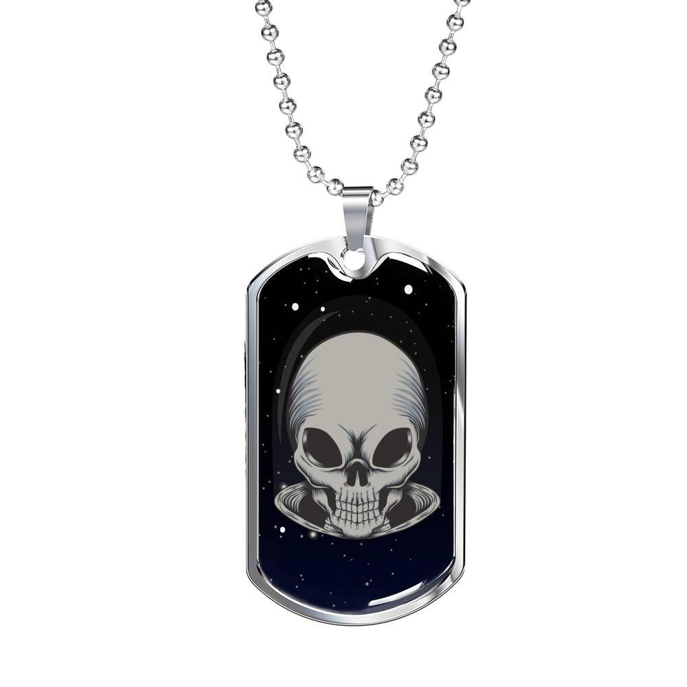 Alien UFO Fan Gift Alien Skull Necklace Stainless Steel or 18k Gold Dog Tag 24" Chain-Express Your Love Gifts