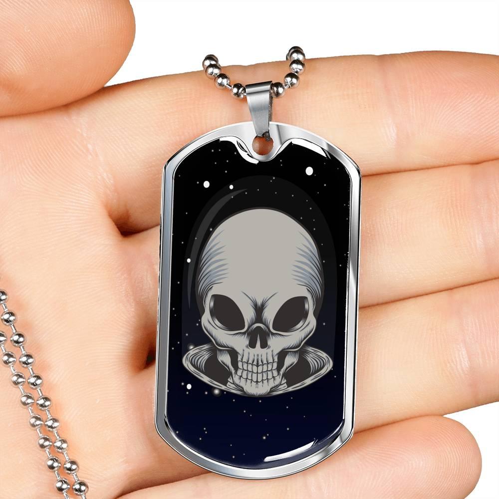 Alien UFO Fan Gift Alien Skull Necklace Stainless Steel or 18k Gold Dog Tag 24" Chain-Express Your Love Gifts