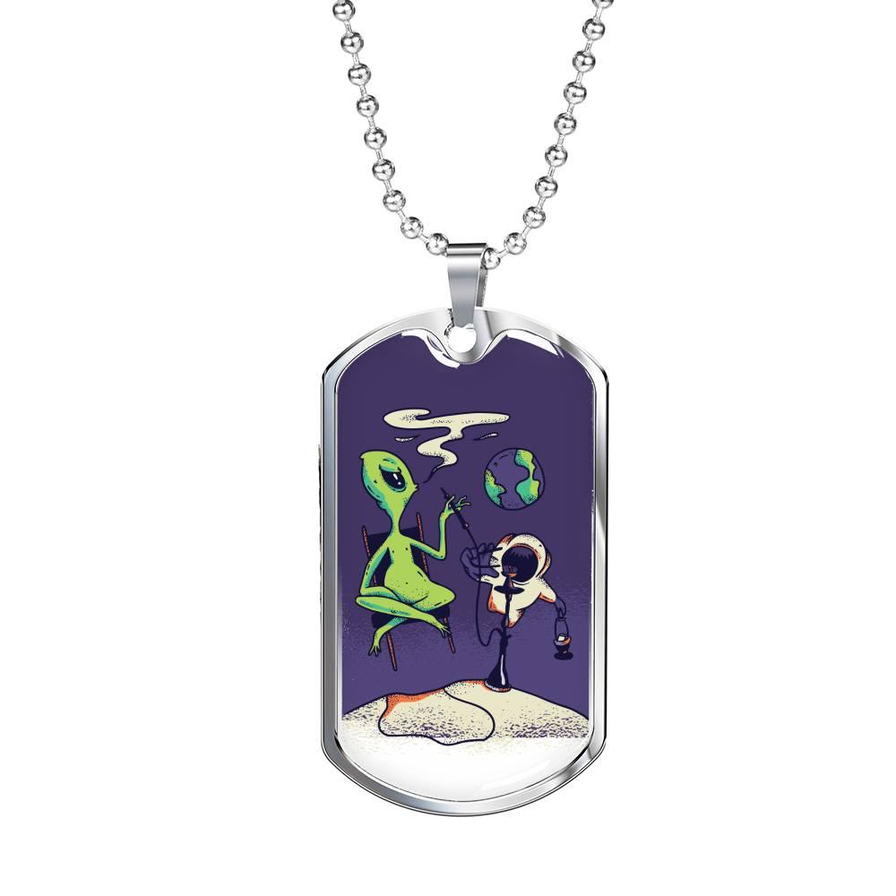 Alien UFO Fan Gift Alien Smoking Hookah Necklace Stainless Steel or 18k Gold Dog Tag 24" Chain-Express Your Love Gifts