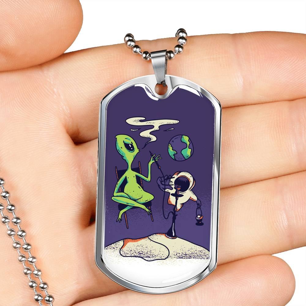 Alien UFO Fan Gift Alien Smoking Hookah Necklace Stainless Steel or 18k Gold Dog Tag 24" Chain-Express Your Love Gifts