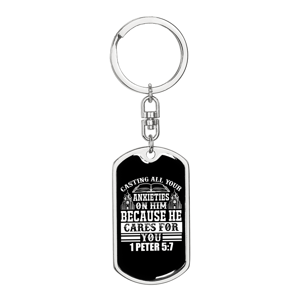 All Anxieties On Him 1 Peter 5:7 Keychain Stainless Steel or 18k Gold Dog Tag Keyring-Express Your Love Gifts