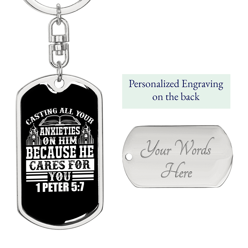 All Anxieties On Him 1 Peter 5:7 Keychain Stainless Steel or 18k Gold Dog Tag Keyring-Express Your Love Gifts