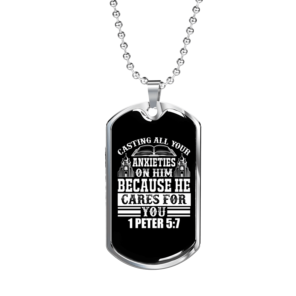 All Anxieties On Him 1 Peter 5:7 Necklace Stainless Steel or 18k Gold Dog Tag 24" Chain-Express Your Love Gifts