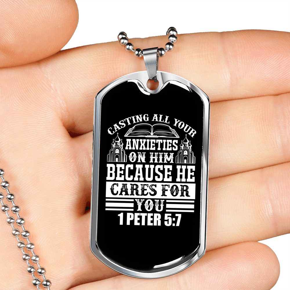 All Anxieties On Him 1 Peter 5:7 Necklace Stainless Steel or 18k Gold Dog Tag 24" Chain-Express Your Love Gifts