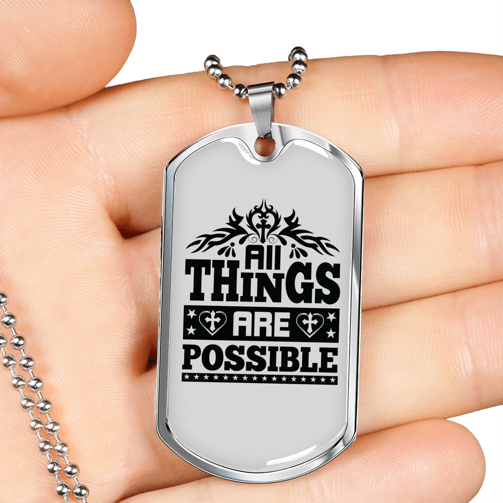 All Things Are Possible Cross Necklace Stainless Steel or 18k Gold Dog Tag 24" Chain-Express Your Love Gifts