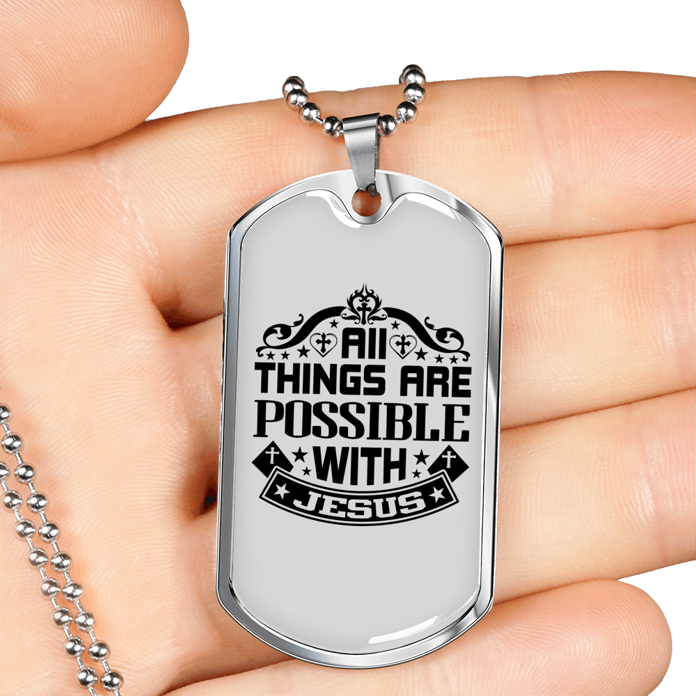 All Things Are Possible Jesus Necklace Stainless Steel or 18k Gold Dog Tag 24" Chain-Express Your Love Gifts