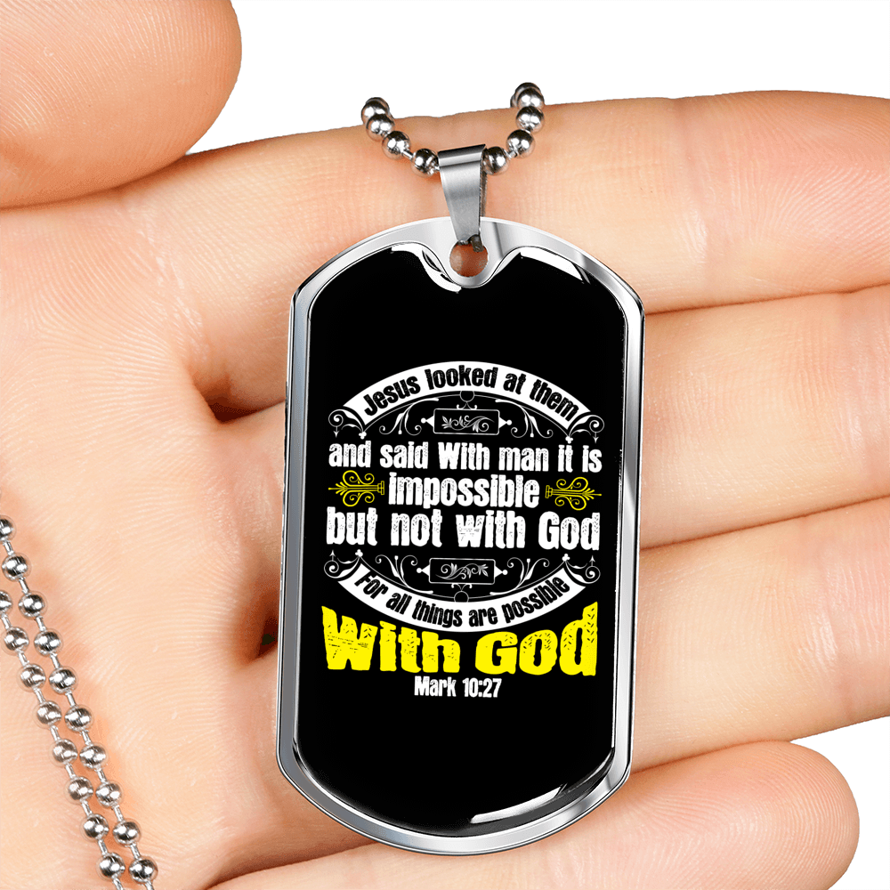 All Things Possible With God Mark 10:27 Necklace Stainless Steel or 18k Gold Dog Tag 24" Chain-Express Your Love Gifts