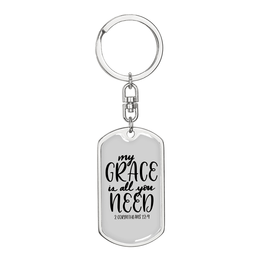 All You Need Is Grace 2 Corinthians 12:9 Keychain Stainless Steel or 18k Gold Dog Tag Keyring-Express Your Love Gifts