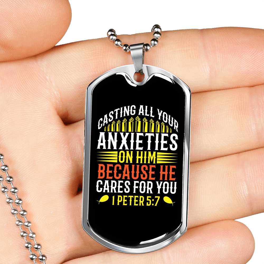 All Your Anxieties 1 Peter 5:7 Necklace Stainless Steel or 18k Gold Dog Tag 24" Chain-Express Your Love Gifts