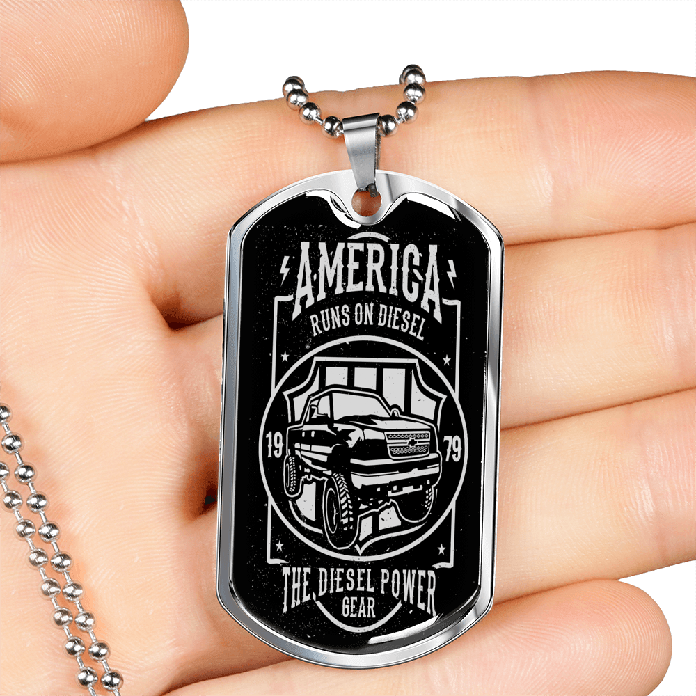 America Runs On Diesel Dog Tag Stainless Steel or 18k Gold W 24 Chian-Express Your Love Gifts