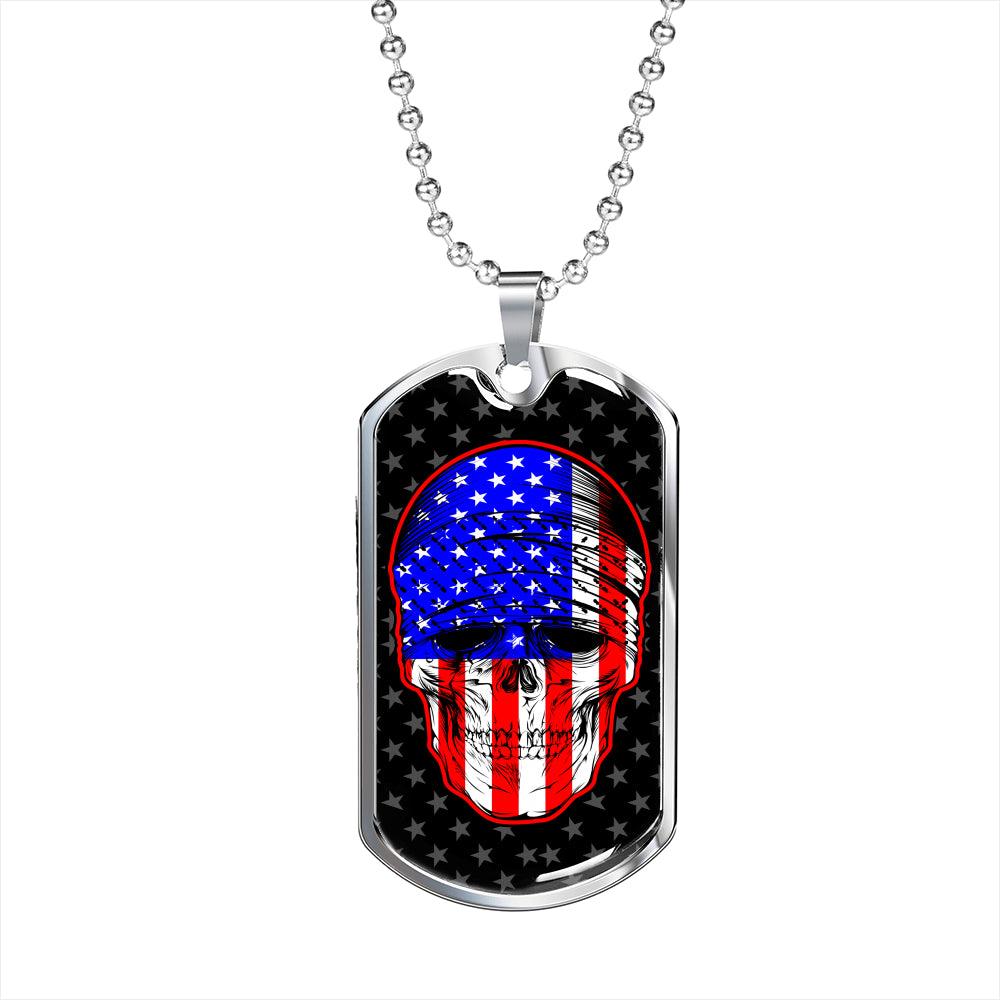 American Flag Patriotic Skull Necklace Stainless Steel or 18k Gold Dog Tag 24" Chain-Express Your Love Gifts