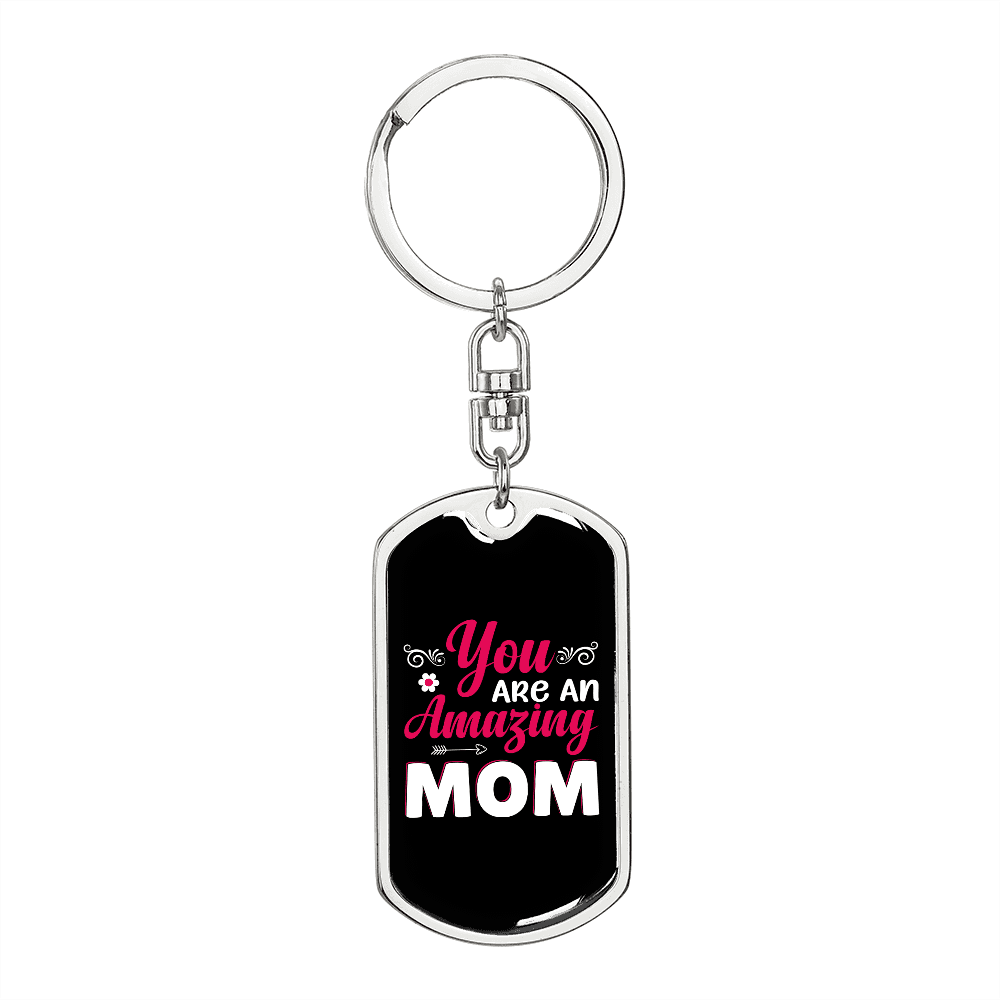 An Amazing Mom Pink White Keychain Stainless Steel or 18k Gold Dog Tag Keyring-Express Your Love Gifts
