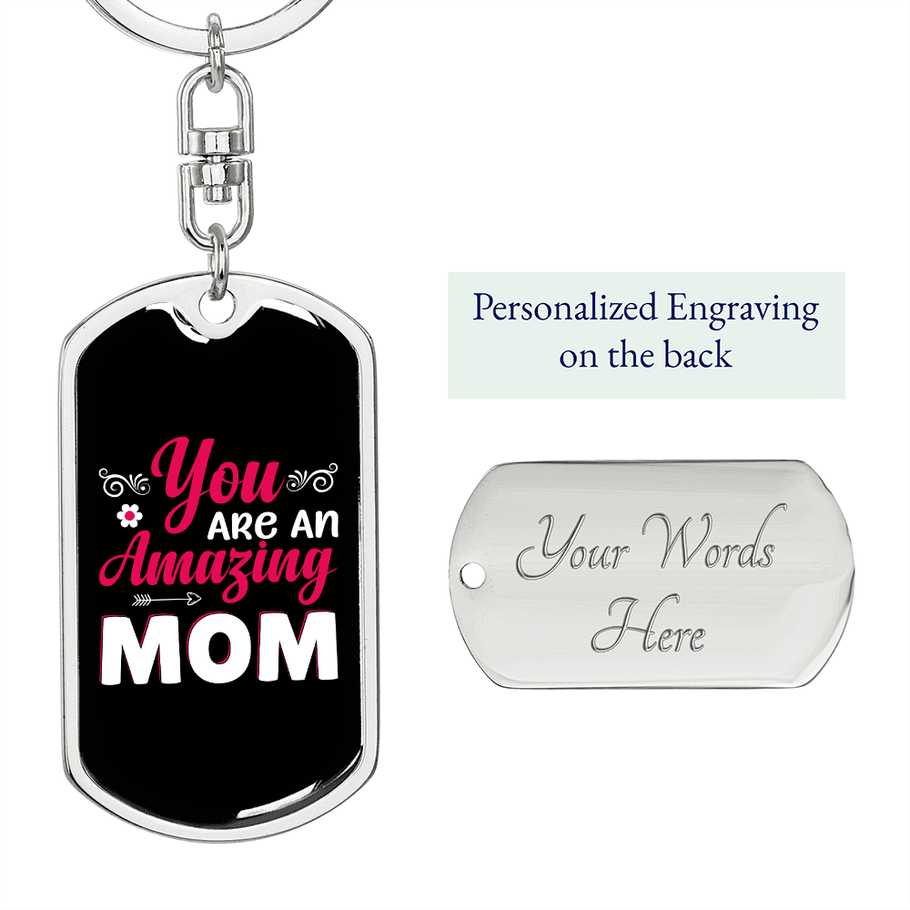 An Amazing Mom Pink White Keychain Stainless Steel or 18k Gold Dog Tag Keyring-Express Your Love Gifts