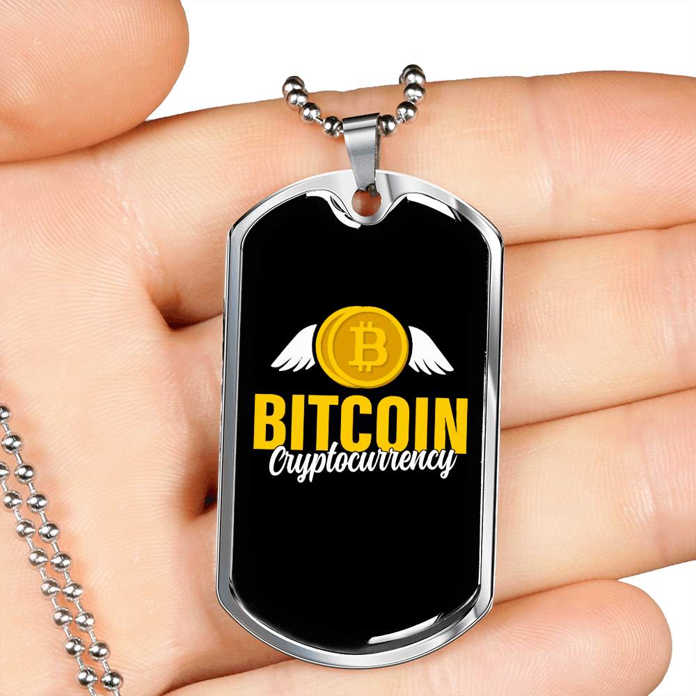 Angel Bitcoin Crypto Necklace Stainless Steel or 18k Gold Dog Tag 24" Chain-Express Your Love Gifts