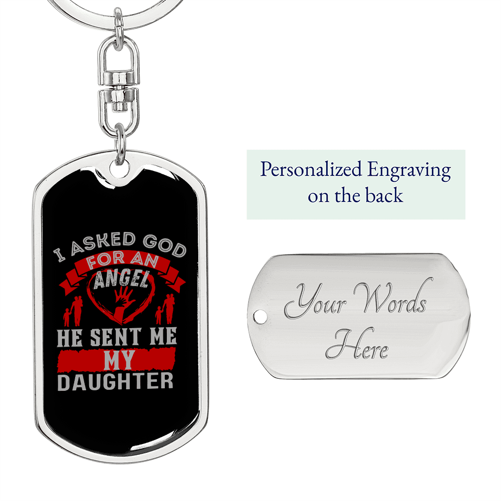 Angel Father Daughter Mom Keychain Stainless Steel or 18k Gold Dog Tag Keyring-Express Your Love Gifts