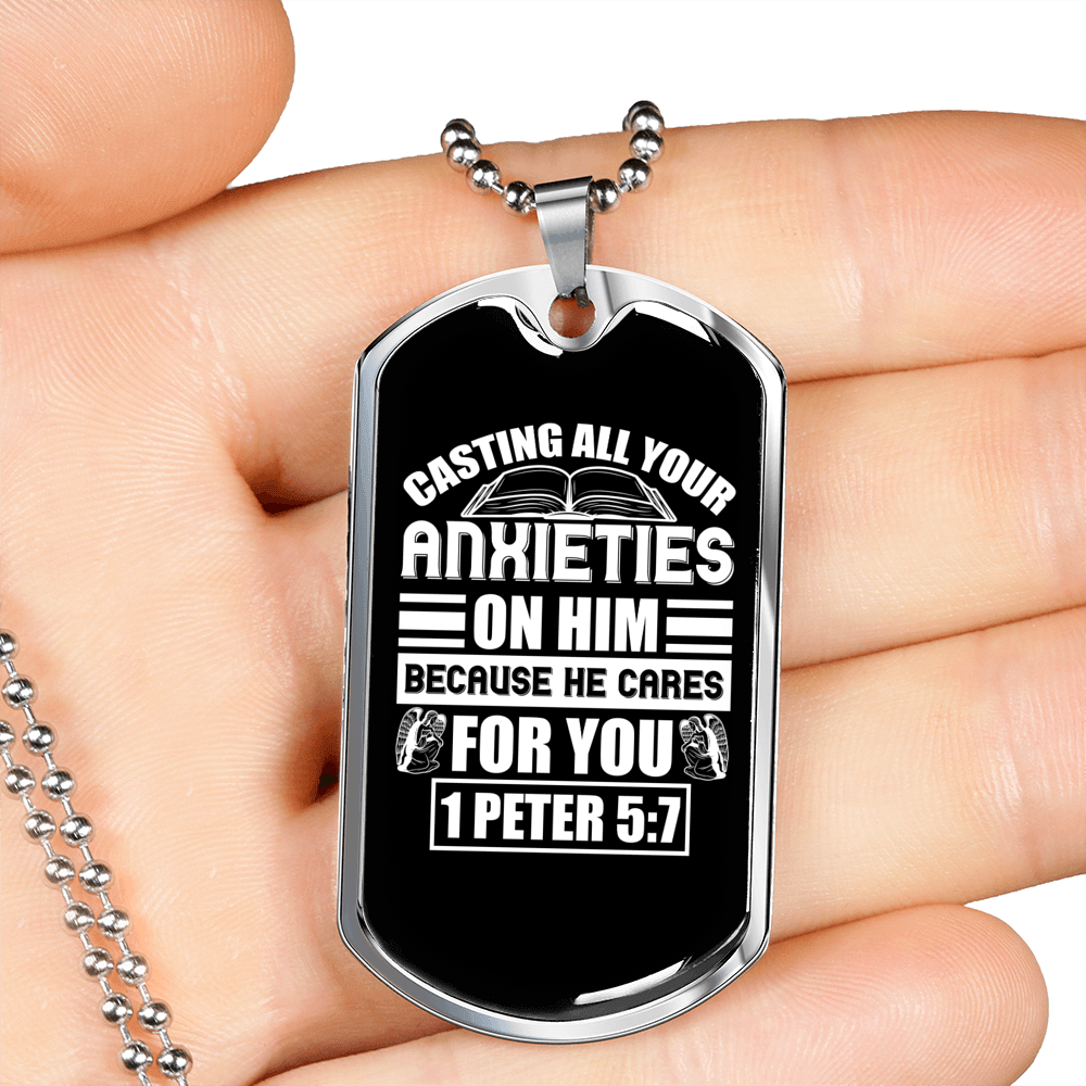 Anxieties On Him 1 Peter 5:7 Necklace Stainless Steel or 18k Gold Dog Tag 24" Chain-Express Your Love Gifts