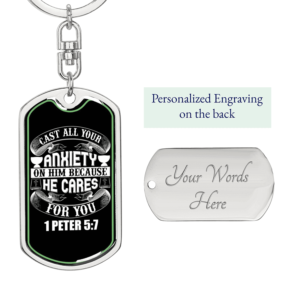 Anxiety On Him 1 Peter 5:7 Keychain Stainless Steel or 18k Gold Dog Tag Keyring-Express Your Love Gifts