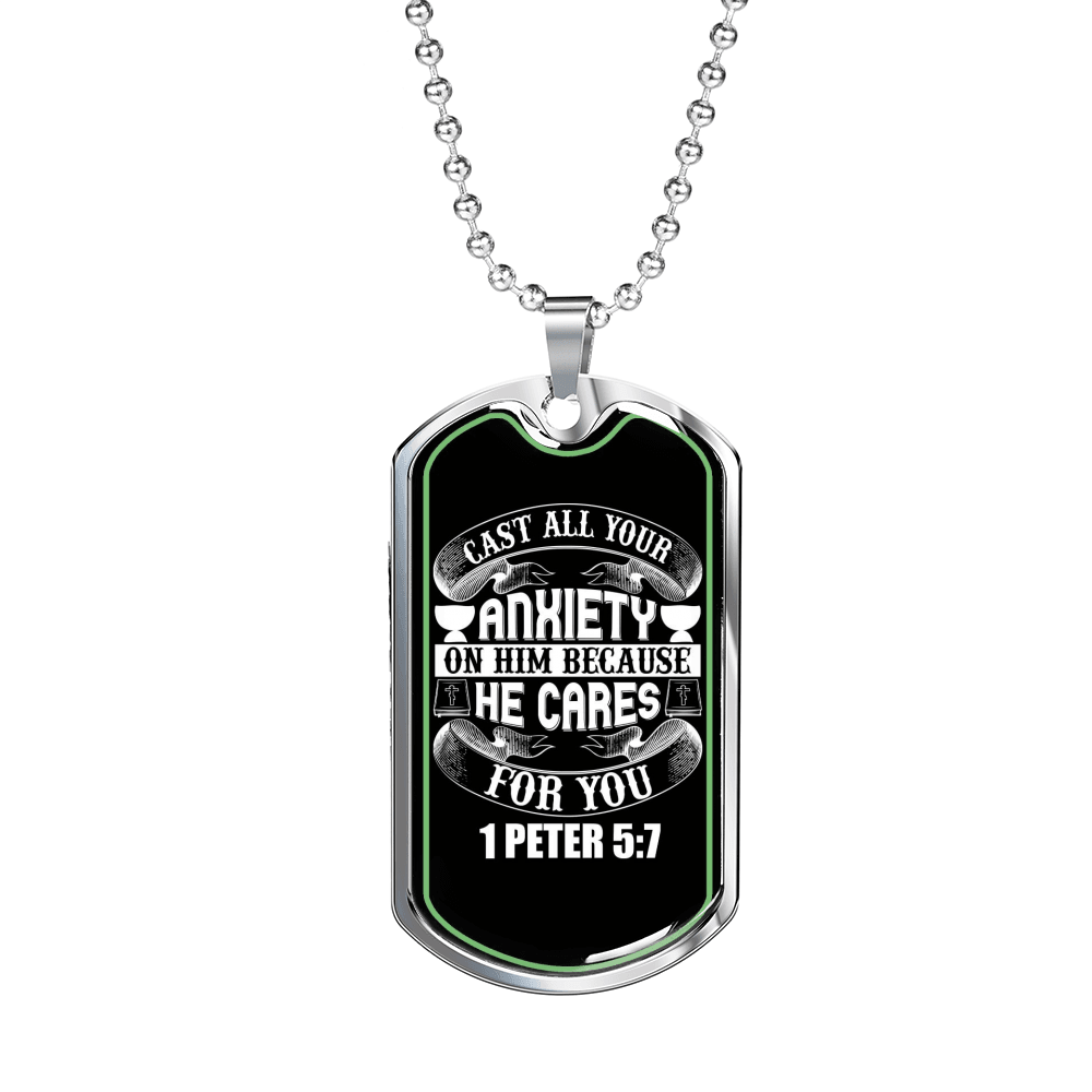 Anxiety On Him 1 Peter 5:7 Necklace Stainless Steel or 18k Gold Dog Tag 24"-Express Your Love Gifts