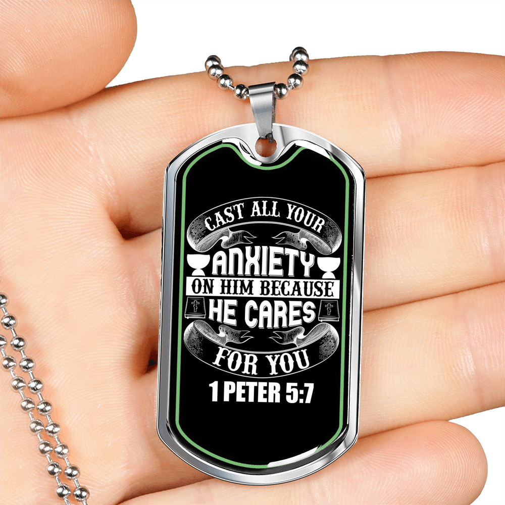 Anxiety On Him 1 Peter 5:7 Necklace Stainless Steel or 18k Gold Dog Tag 24"-Express Your Love Gifts