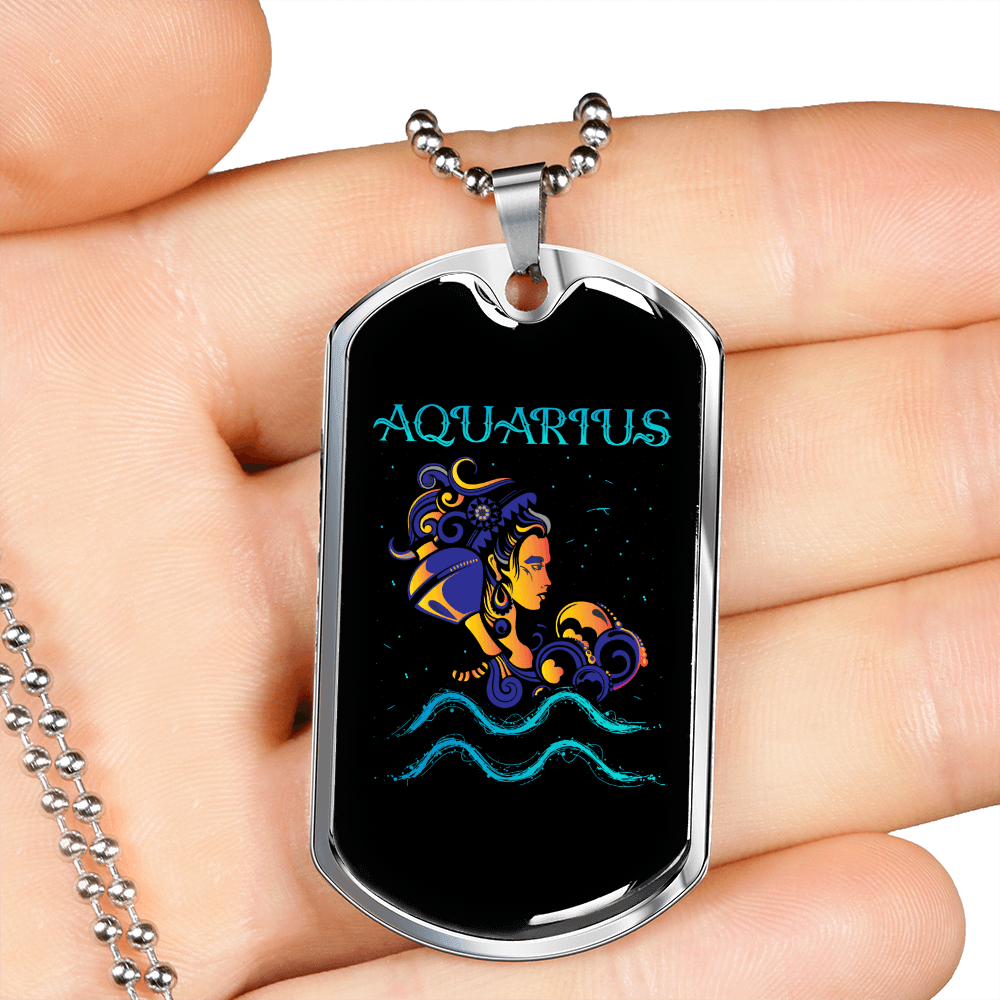 Aquarius Woman Zodiac Necklace Stainless Steel or 18k Gold Dog Tag 24" Chain-Express Your Love Gifts