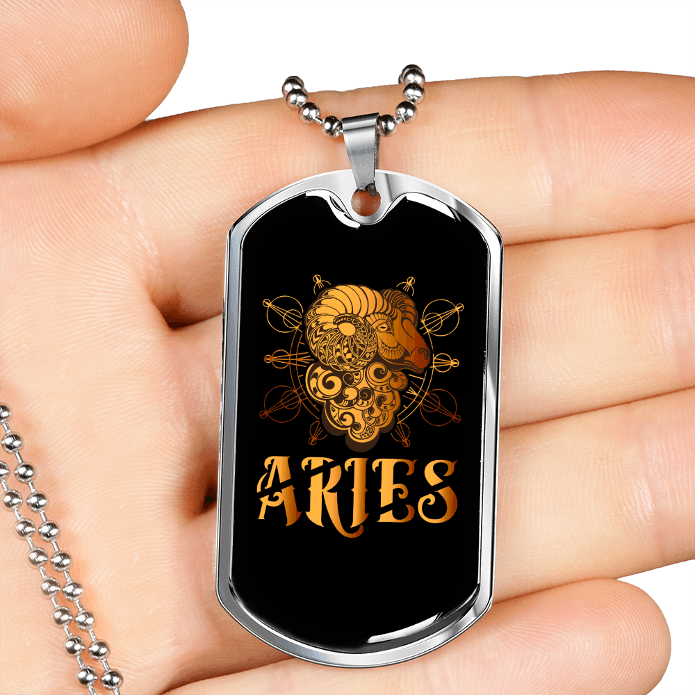 Aries Ram Zodiac Necklace Stainless Steel or 18k Gold Dog Tag 24" Chain-Express Your Love Gifts