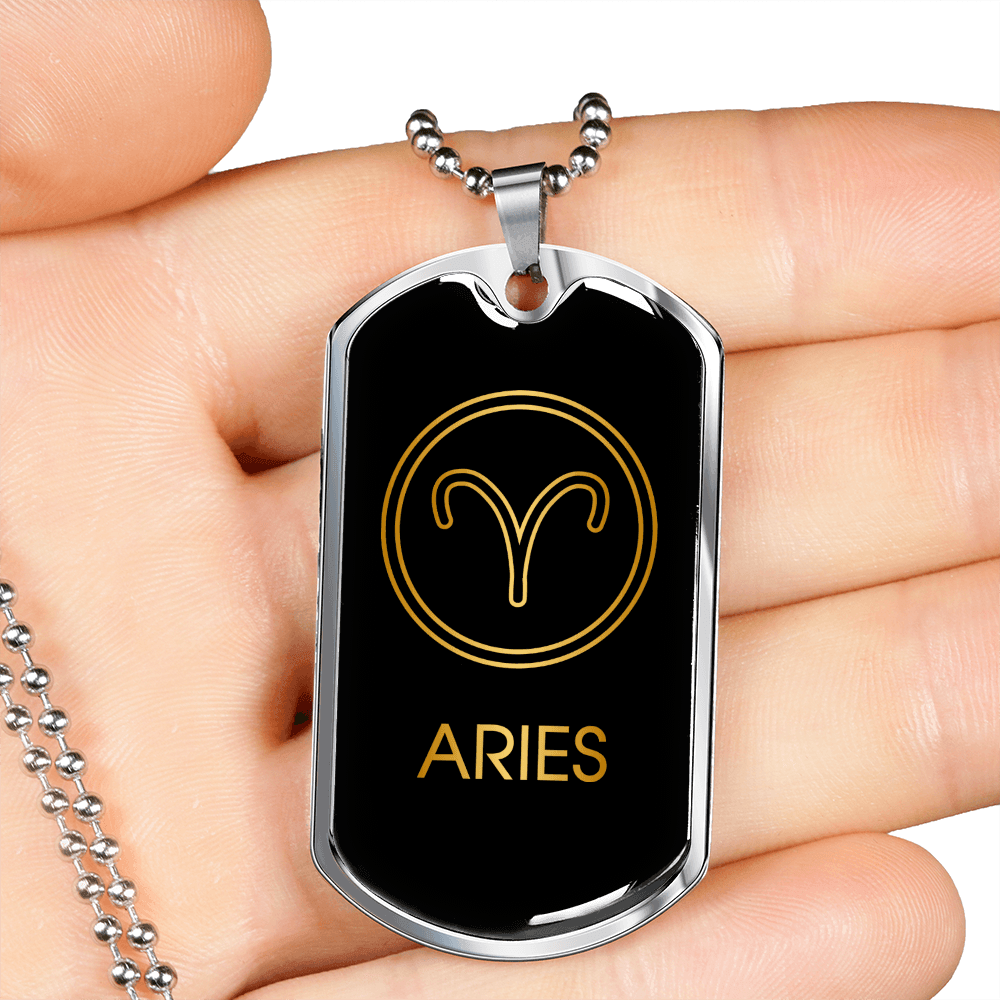 Aries Zodiac Necklace Stainless Steel or 18k Gold Dog Tag 24" Chain-Express Your Love Gifts