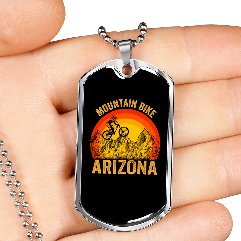 Arizona Mountain Bike Cycling Necklace Stainless Steel or 18k Gold Dog Tag 24"-Express Your Love Gifts
