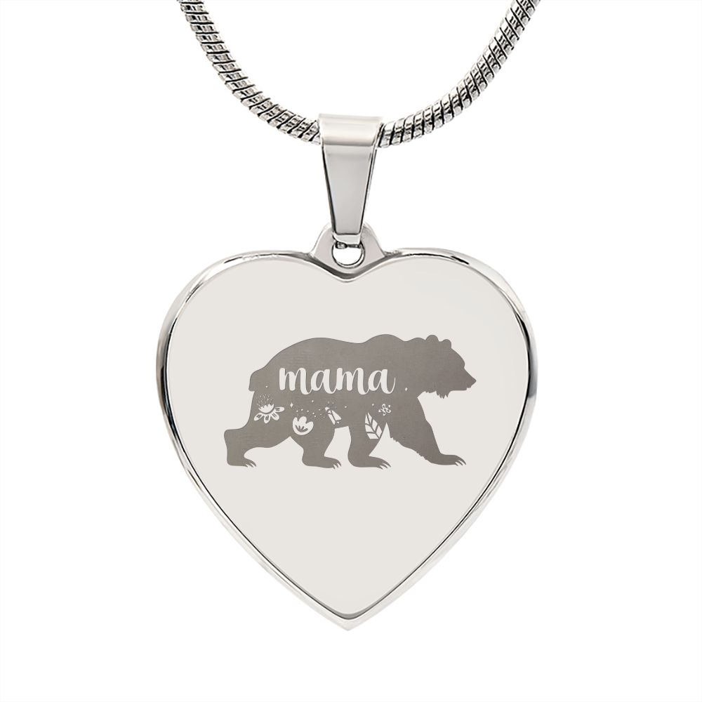 Mama Bear Engraved Heart Necklace Stainless Steel or 18k Yellow Gold Finish 18-22" Chain-Express Your Love Gifts