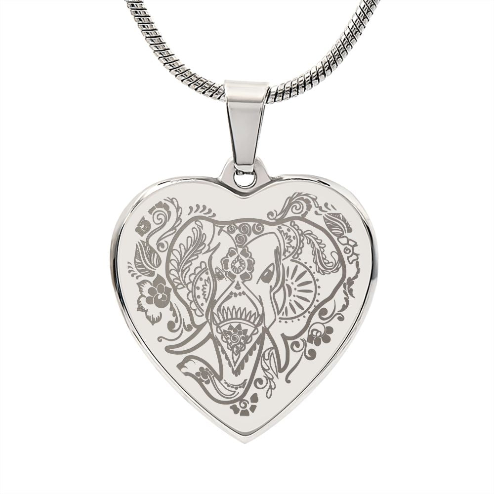 Elephant Head Engraved Heart Necklace Stainless Steel or 18k Yellow Gold Finish 18-22" Chain-Express Your Love Gifts