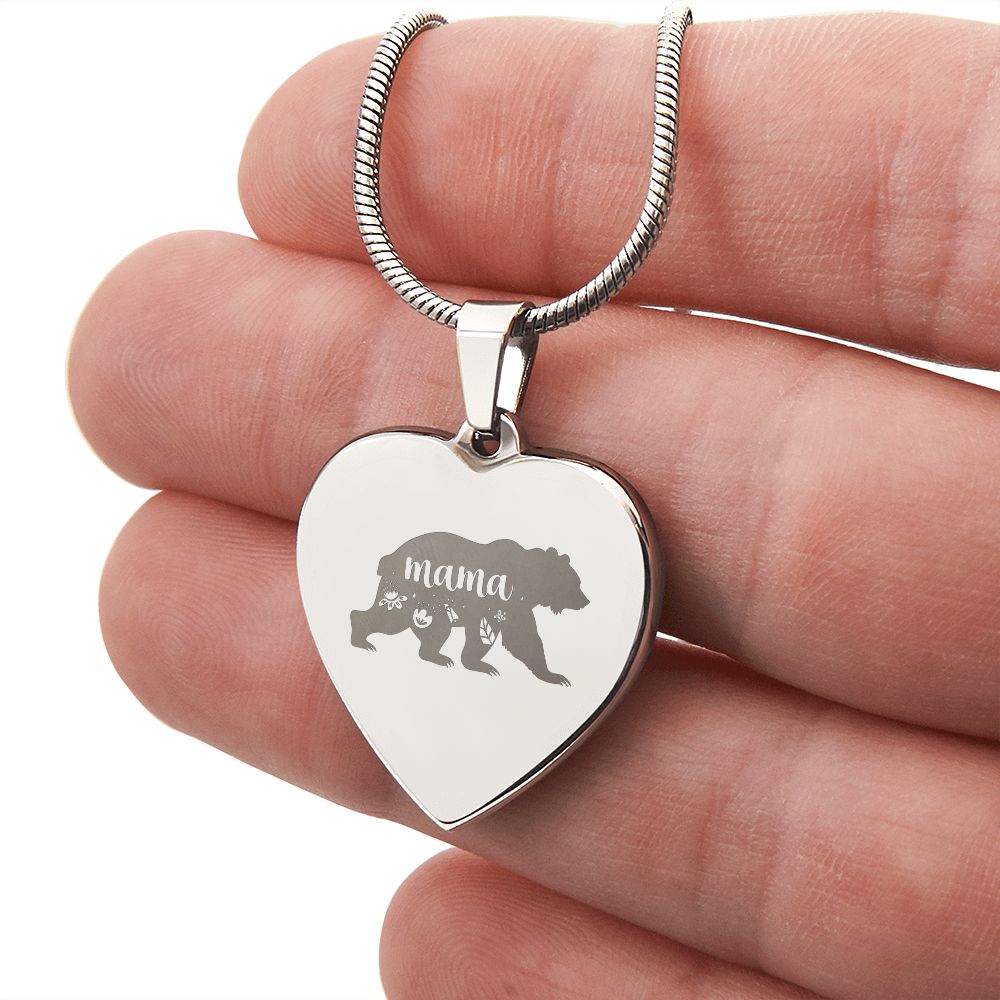 Mama Bear Engraved Heart Necklace Stainless Steel or 18k Yellow Gold Finish 18-22" Chain-Express Your Love Gifts