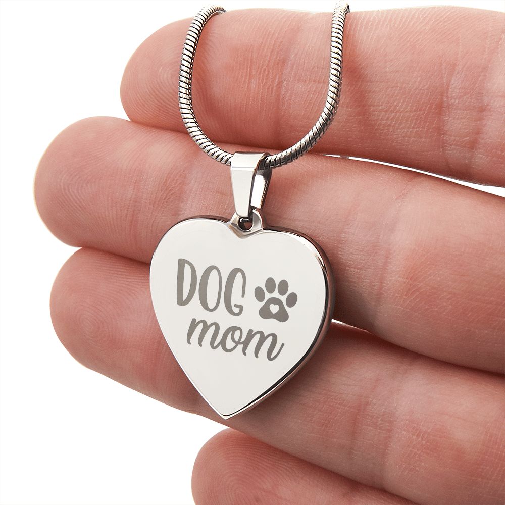 Dog Mom Engraved Heart Necklace Stainless Steel or 18k Yellow Gold Finish 18-22" Chain-Express Your Love Gifts