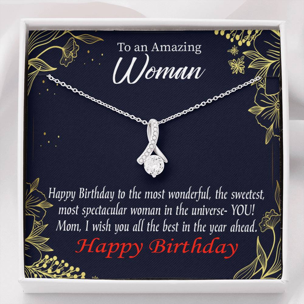 Mom Gift Spectacular Woman Eternity Ribbon Stone Pendant 14K White Gold Stainless Steel 18-22" Mom Birthday Messages-Express Your Love Gifts