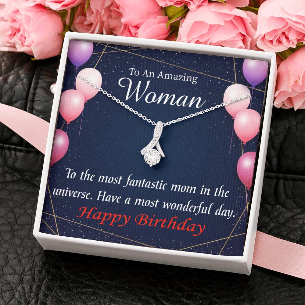 Mom Gift Most Fantastic Mom Eternity Ribbon Stone Pendant 14K White Gold Stainless Steel 18-22" Mom Birthday Messages-Express Your Love Gifts