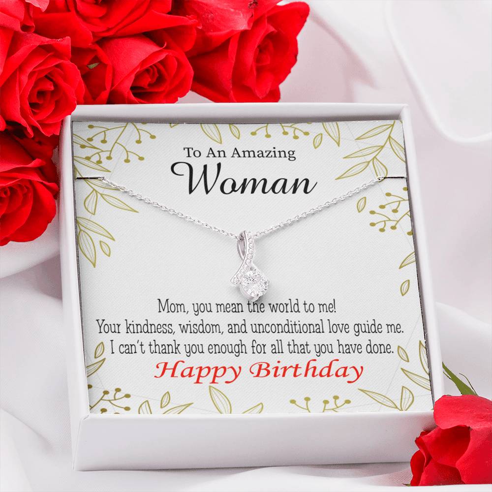 Mom Gift You Mean The World To Me Eternity Ribbon Stone Pendant 14K White Gold Stainless Steel 18-22" Mom Birthday Messages-Express Your Love Gifts