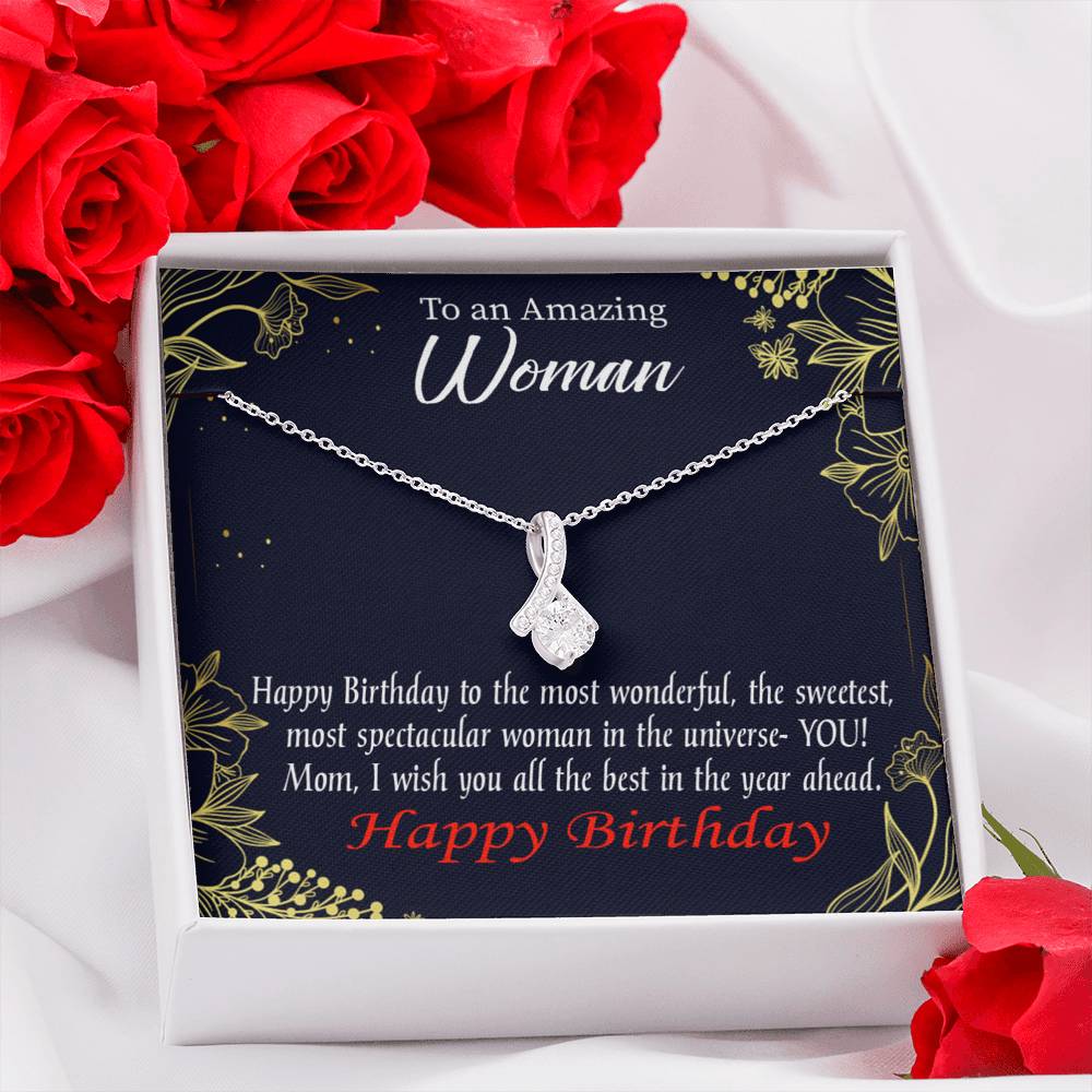 Mom Gift Spectacular Woman Eternity Ribbon Stone Pendant 14K White Gold Stainless Steel 18-22" Mom Birthday Messages-Express Your Love Gifts