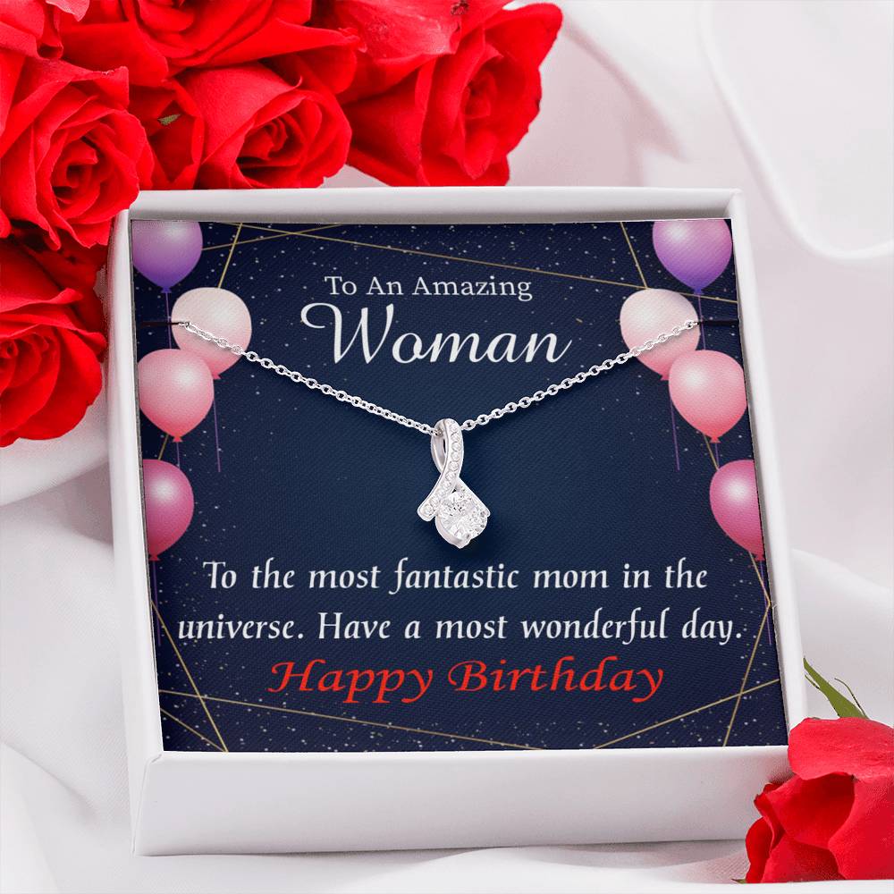 Mom Gift Most Fantastic Mom Eternity Ribbon Stone Pendant 14K White Gold Stainless Steel 18-22" Mom Birthday Messages-Express Your Love Gifts
