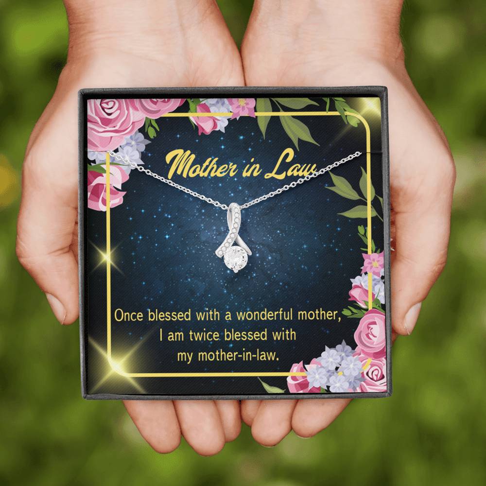 Mother-In-Law Necklace Twice Blessed Eternity Ribbon Stone Pendant Keepsake Message Card-Express Your Love Gifts