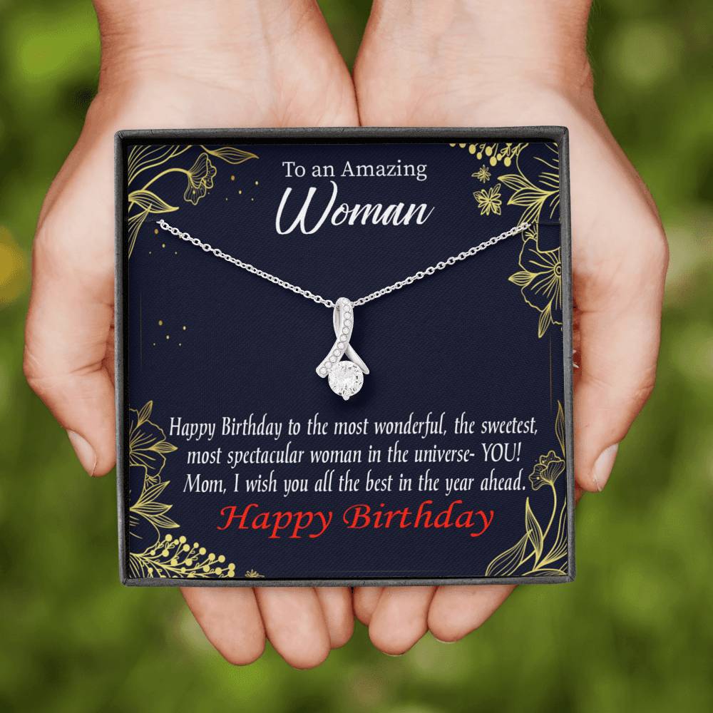 Mom Gift Spectacular Woman Eternity Ribbon Stone Pendant 14K White Gold Stainless Steel 18-22" Mom Birthday Messages-Express Your Love Gifts