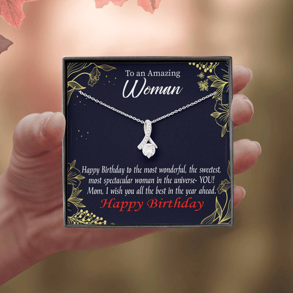 Mom Gift Spectacular Woman Eternity Ribbon Stone Pendant 14K White Gold Stainless Steel 18-22" Mom Birthday Messages-Express Your Love Gifts